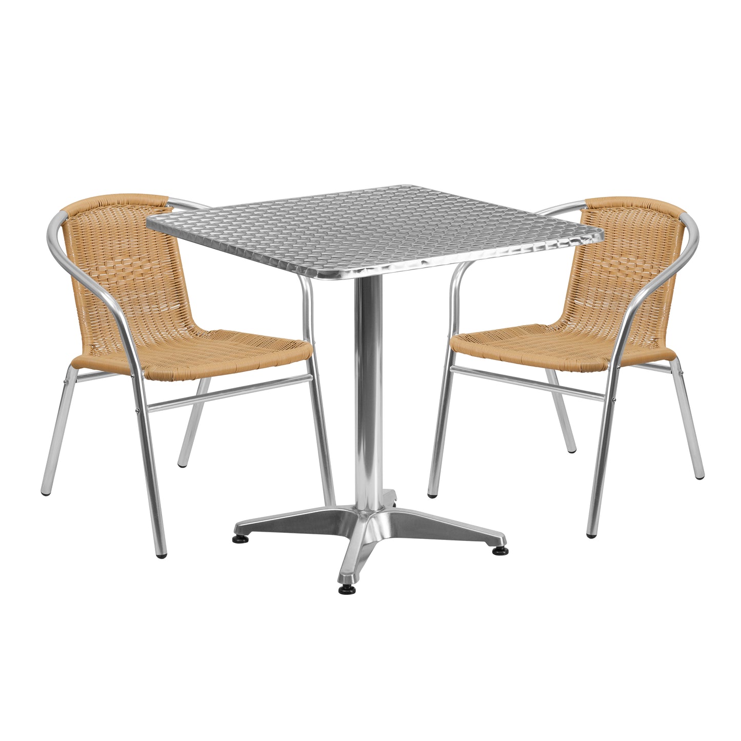 27.5'' Square Aluminum Indoor-Outdoor Table and Two Rattan Chairs Set