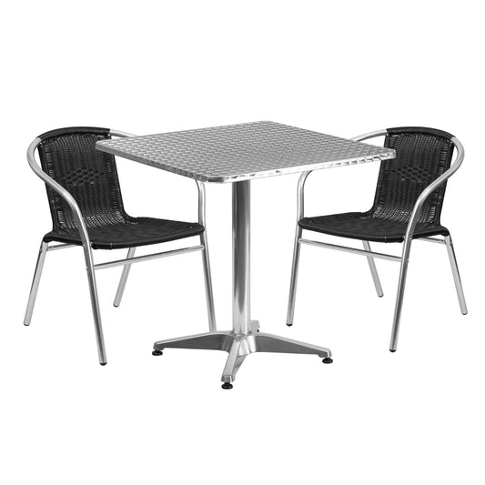 27.5'' Square Aluminum Indoor-Outdoor Table and Two Rattan Chairs Set