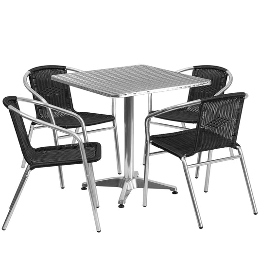 27.5'' Square Aluminum Indoor-Outdoor Table and Four Rattan Chairs Set