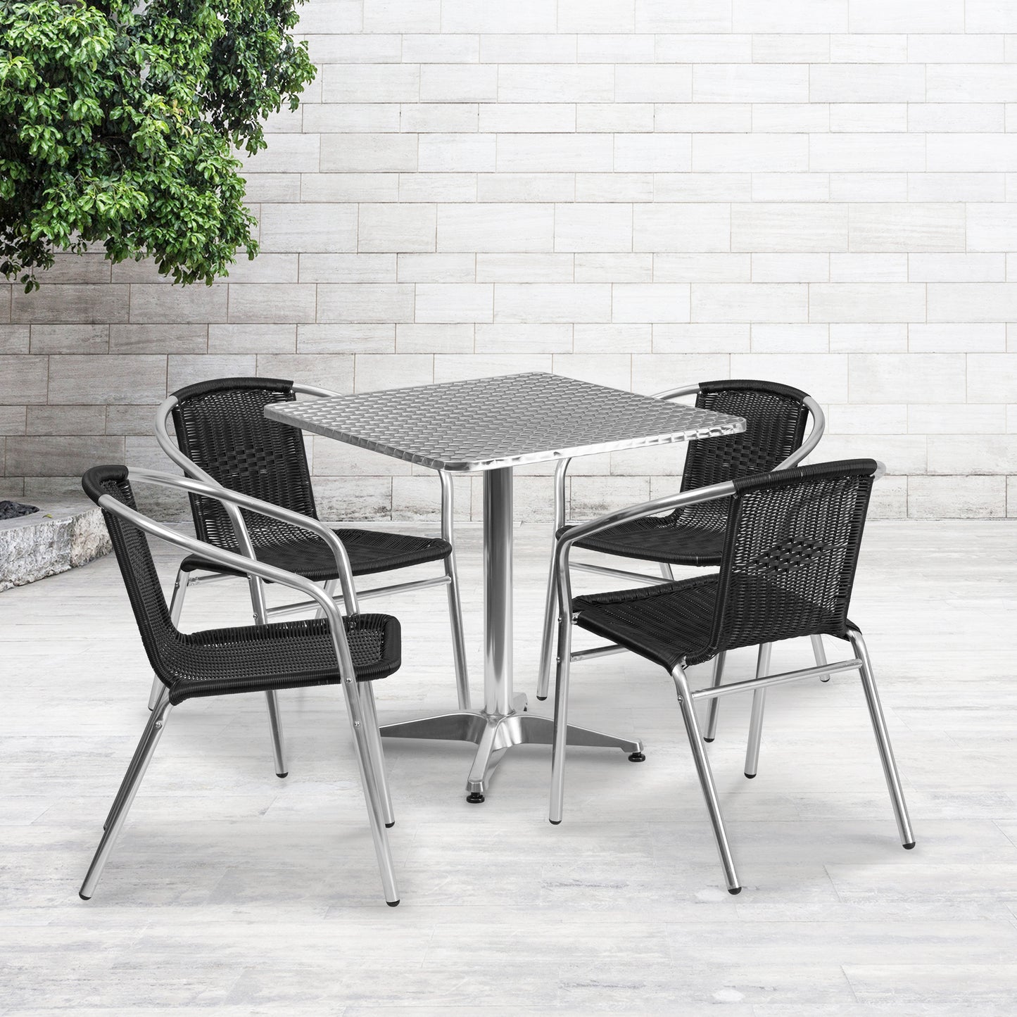 27.5'' Square Aluminum Indoor-Outdoor Table and Four Rattan Chairs Set