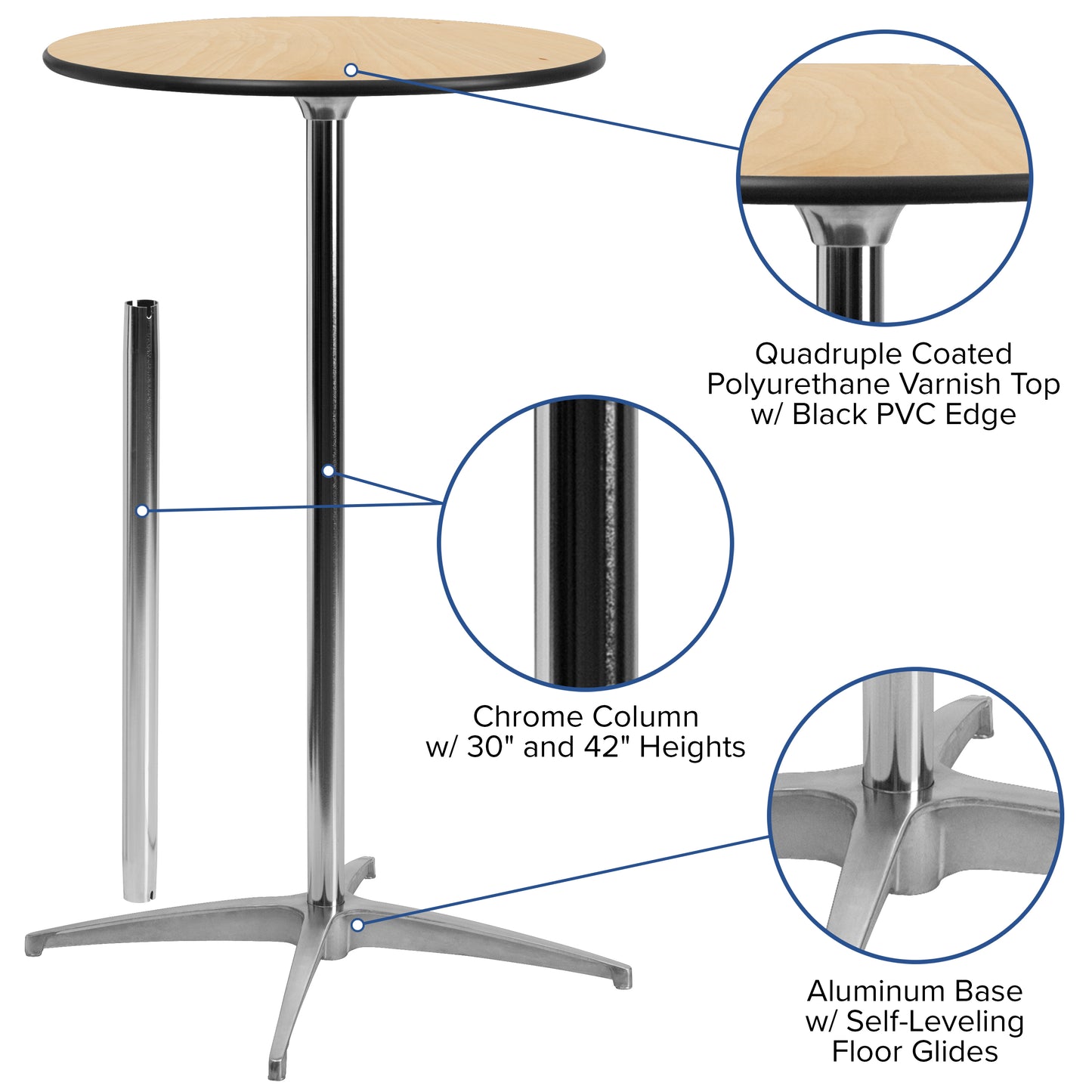 24'' Round Wood Cocktail Table with 30'' and 42'' Columns