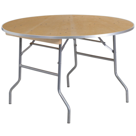 4-Foot Round Heavy Duty Birchwood Folding Banquet Table with Metal Edges