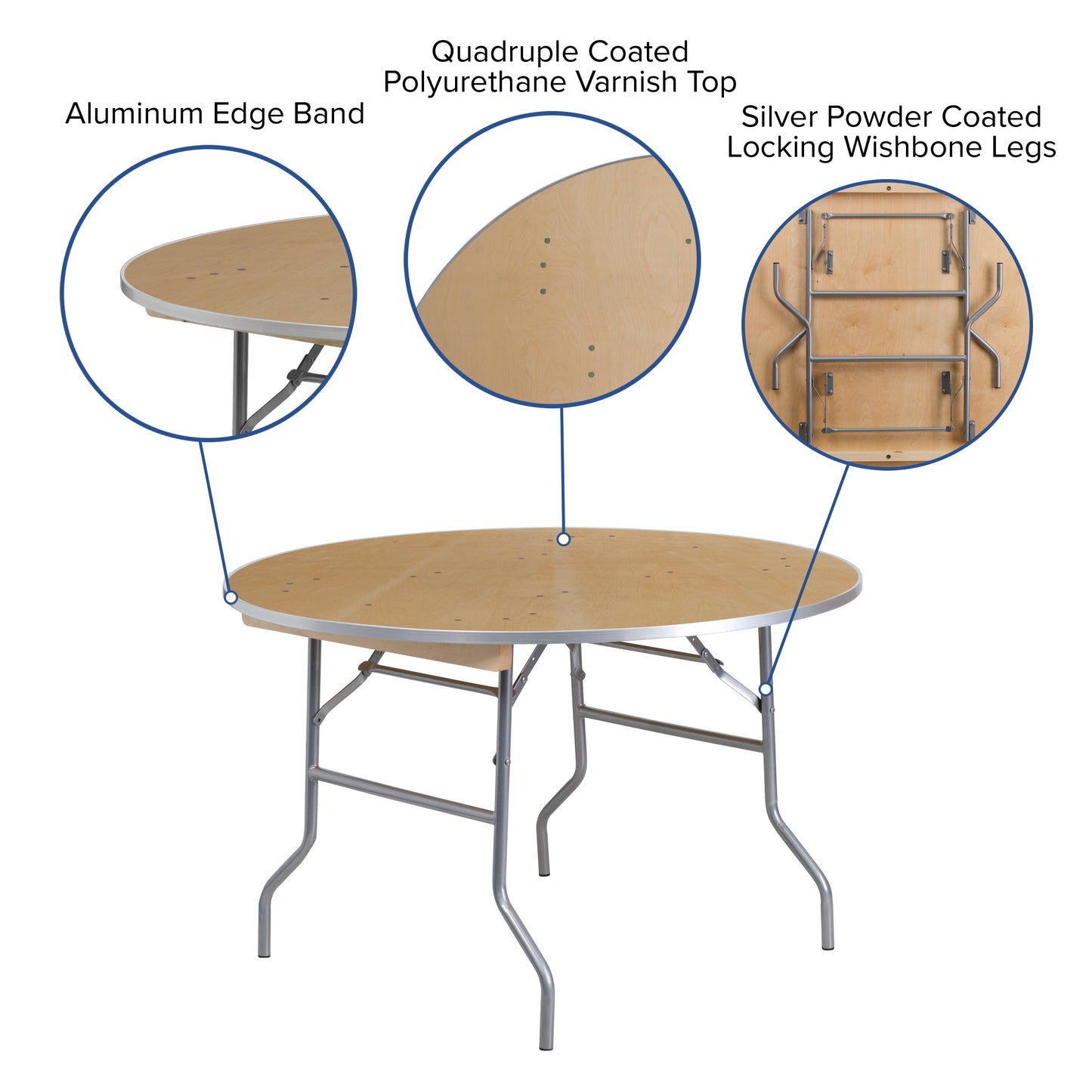 4-Foot Round Heavy Duty Birchwood Folding Banquet Table with Metal Edges