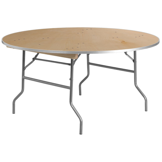 5-Foot Round Heavy Duty Birchwood Folding Banquet Table with Metal Edges