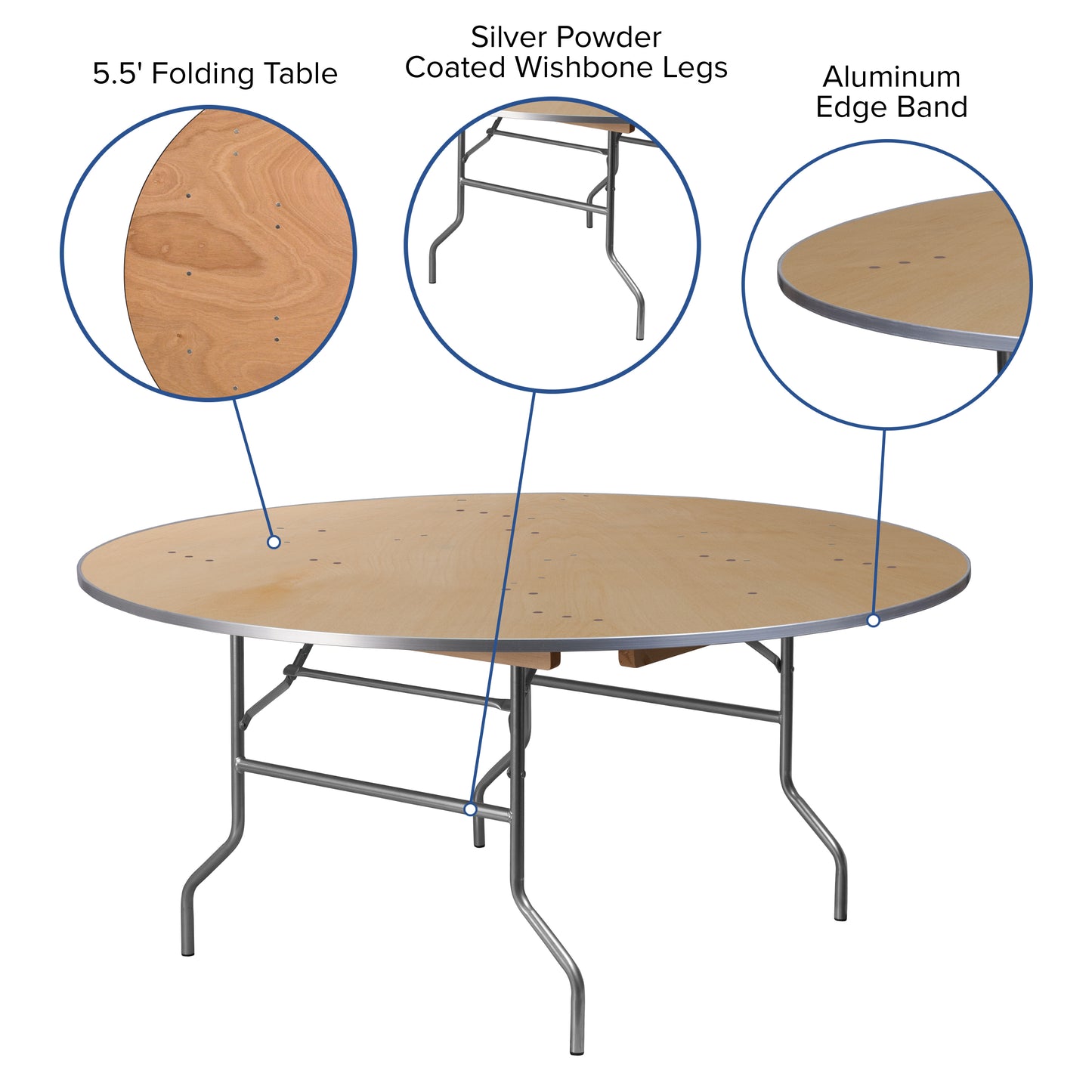 5.5-Foot Round Heavy Duty Birchwood Folding Banquet Table with Metal Edges