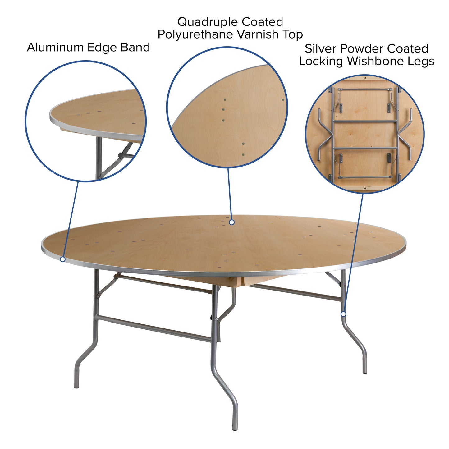 6-Foot Round Heavy Duty Birchwood Folding Banquet Table with Metal Edges