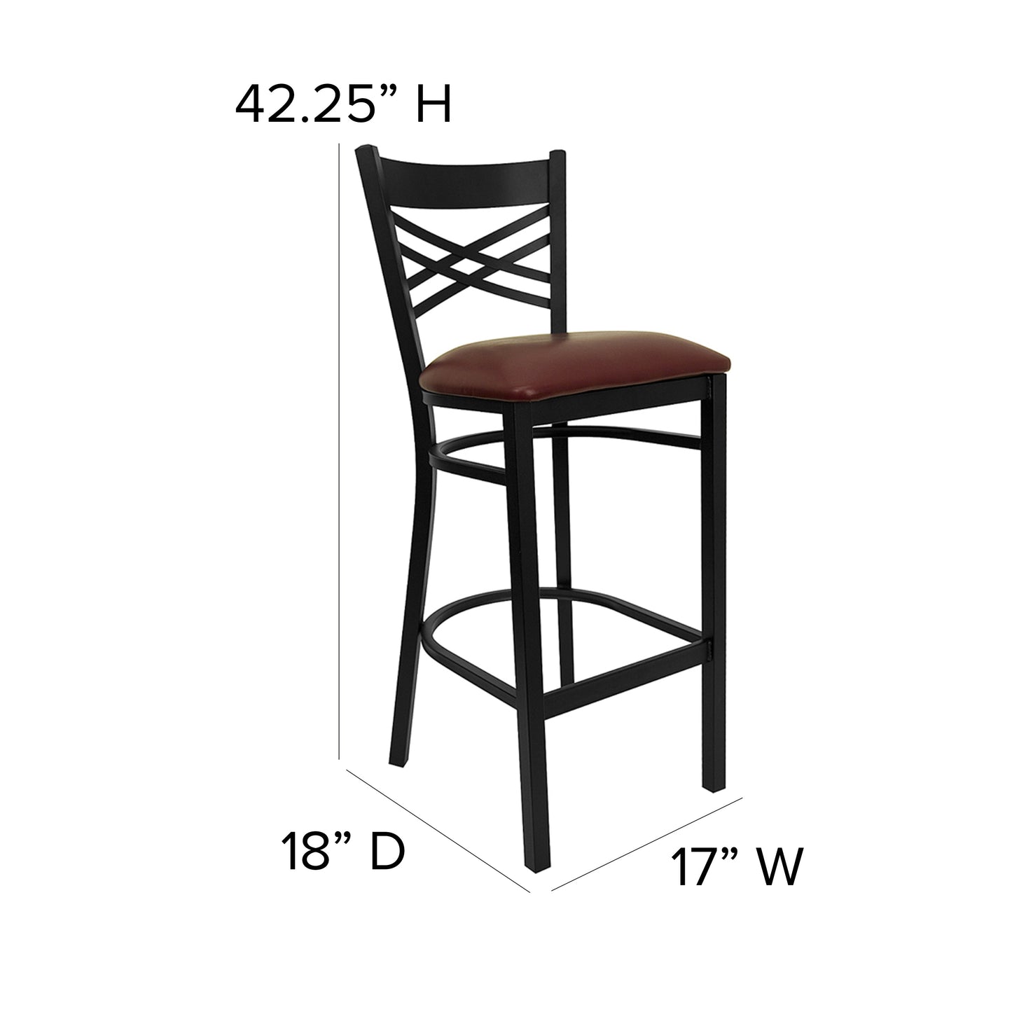 Commercial Grade Metal Dining Barstool with 500 lb. Weight Capacity and 'X' Back Design- Vinyl Seat