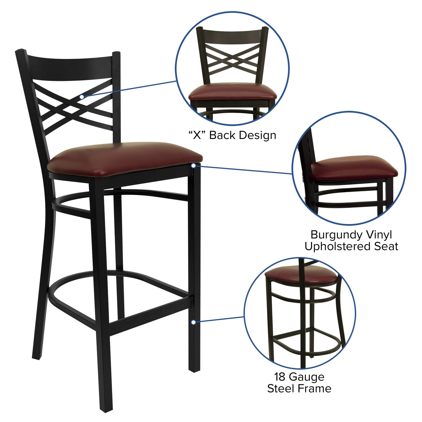 Commercial Grade Metal Dining Barstool with 500 lb. Weight Capacity and 'X' Back Design- Vinyl Seat