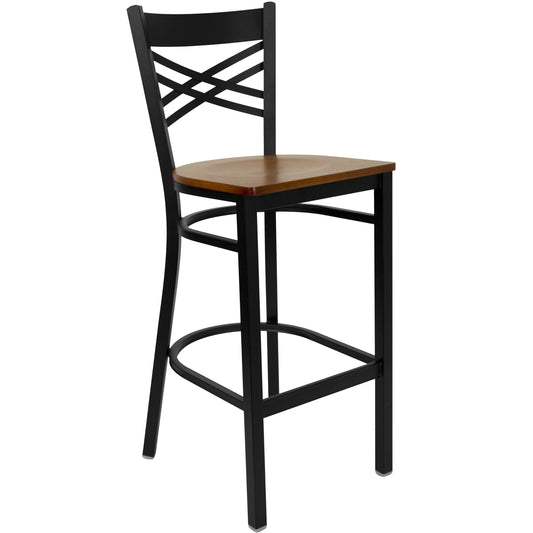 Commercial Grade Metal Dining Barstool with 500 lb. Weight Capacity and 'X' Back Design- Wood Seat