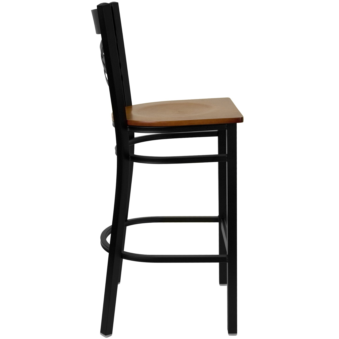 Commercial Grade Metal Dining Barstool with 500 lb. Weight Capacity and 'X' Back Design- Wood Seat