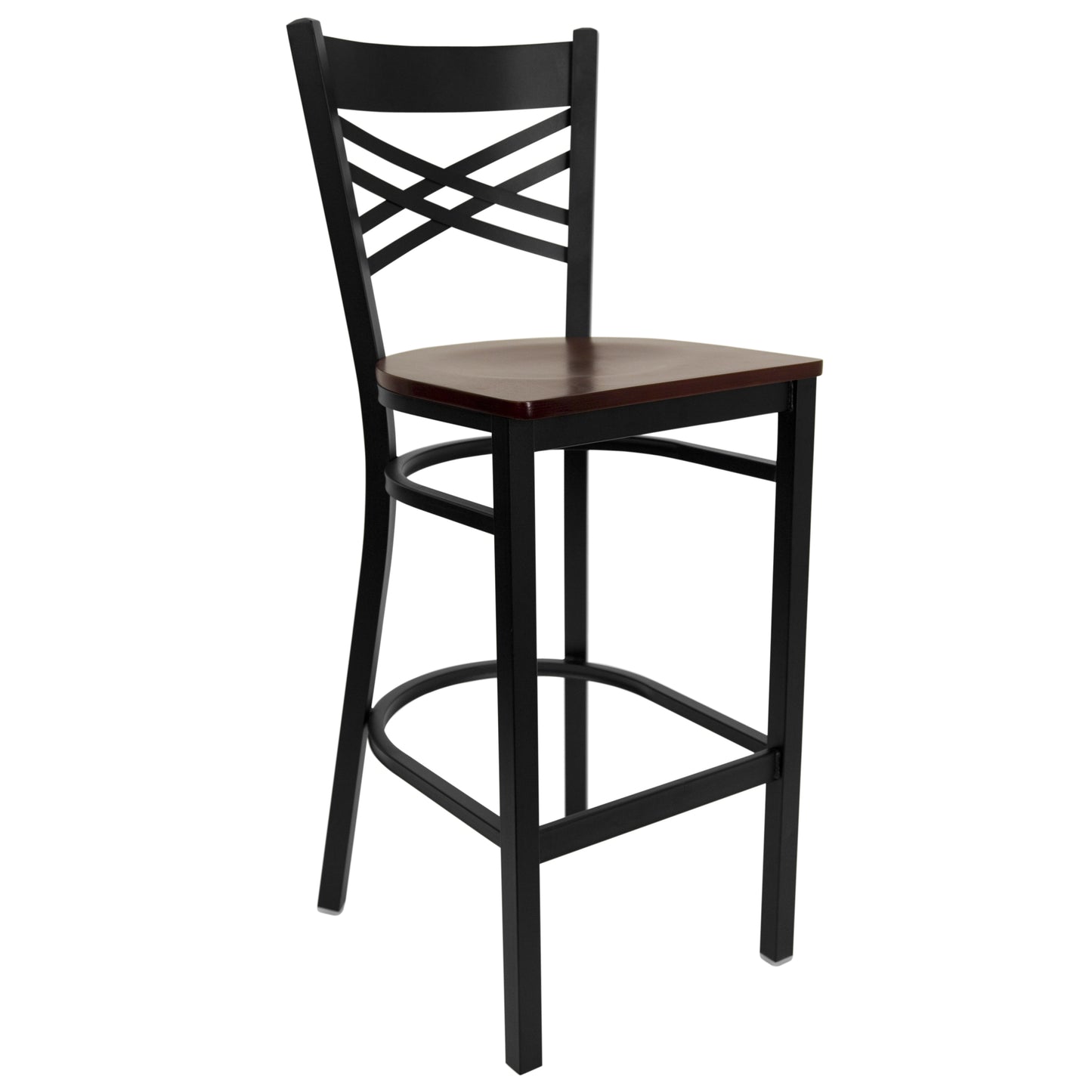 Commercial Grade Metal Dining Barstool with 500 lb. Weight Capacity and 'X' Back Design- Wood Seat