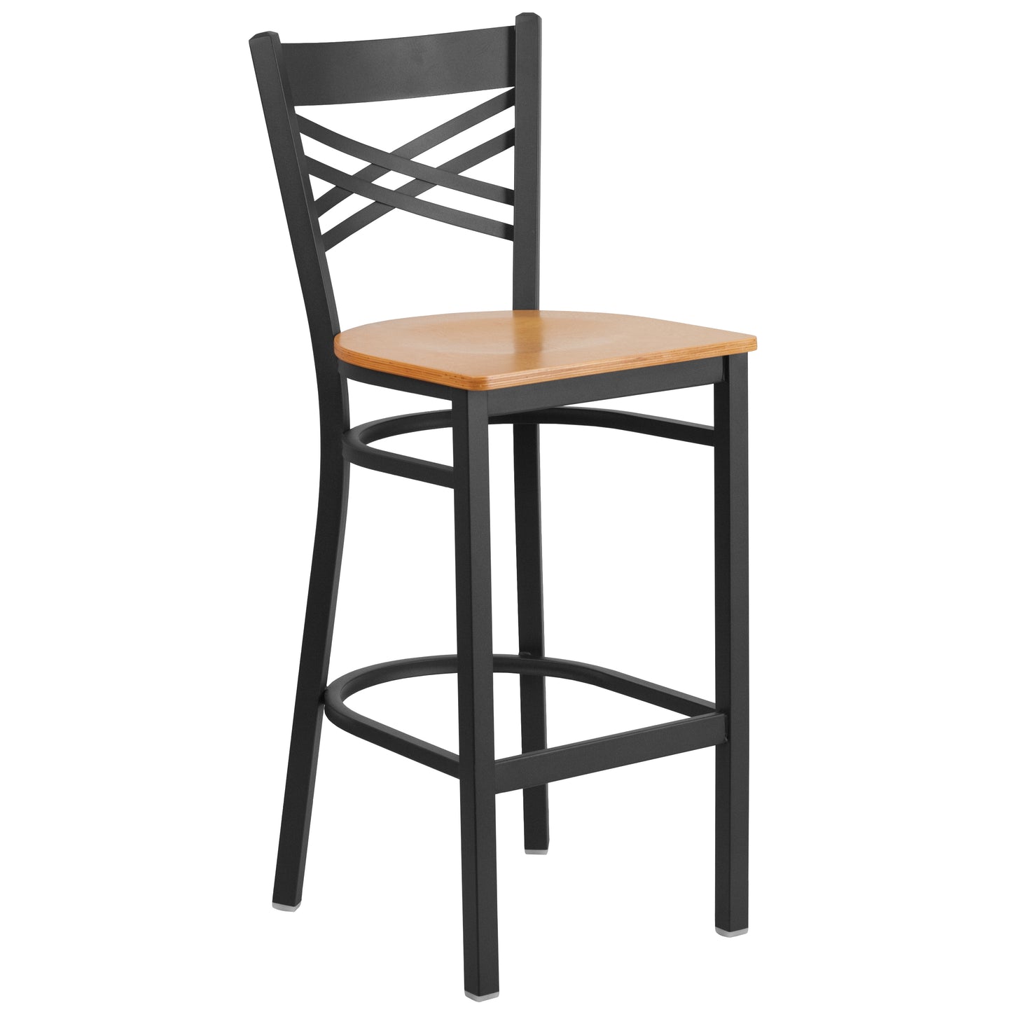 Commercial Grade Metal Dining Barstool with 500 lb. Weight Capacity and 'X' Back Design- Wood Seat