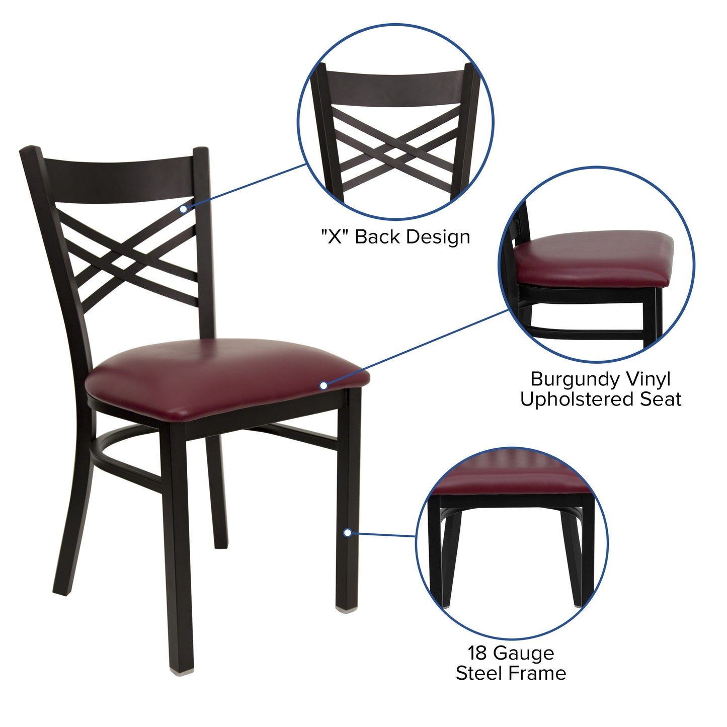 Commercial Grade Metal Dining Chair with 500 lb. Weight Capacity and 'X' Back Design- Vinyl Seat