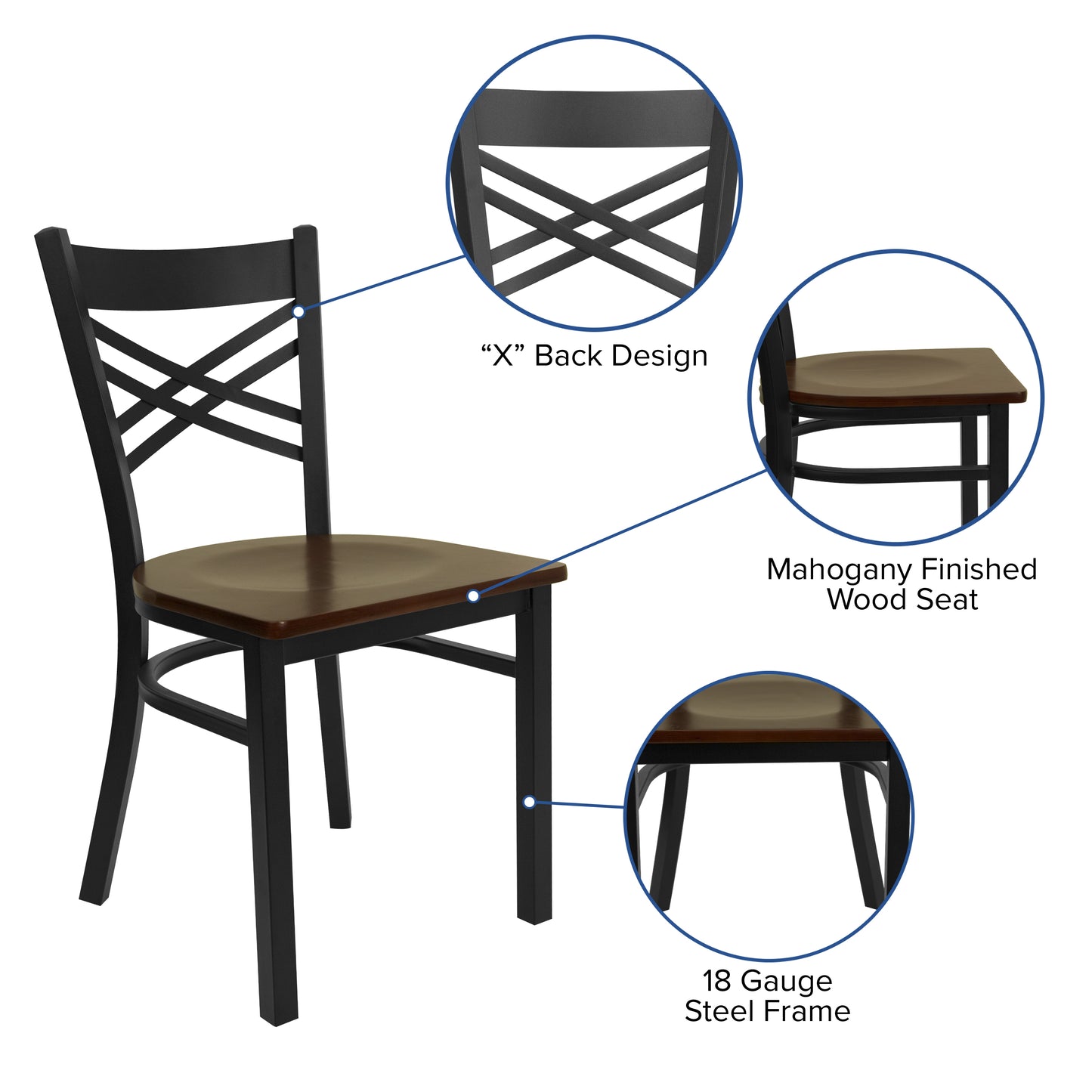 Commercial Grade Metal Dining Chair with 500 lb. Weight Capacity and 'X' Back Design- Wood Seat