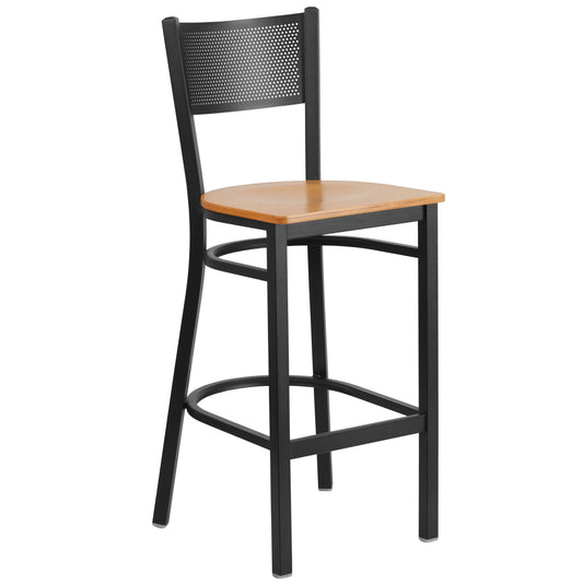 Grid Back Metal Restaurant Barstool - Wood Seat