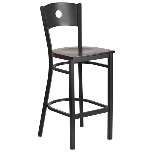 Black Circle Back Metal Restaurant Barstool - Wood Seat