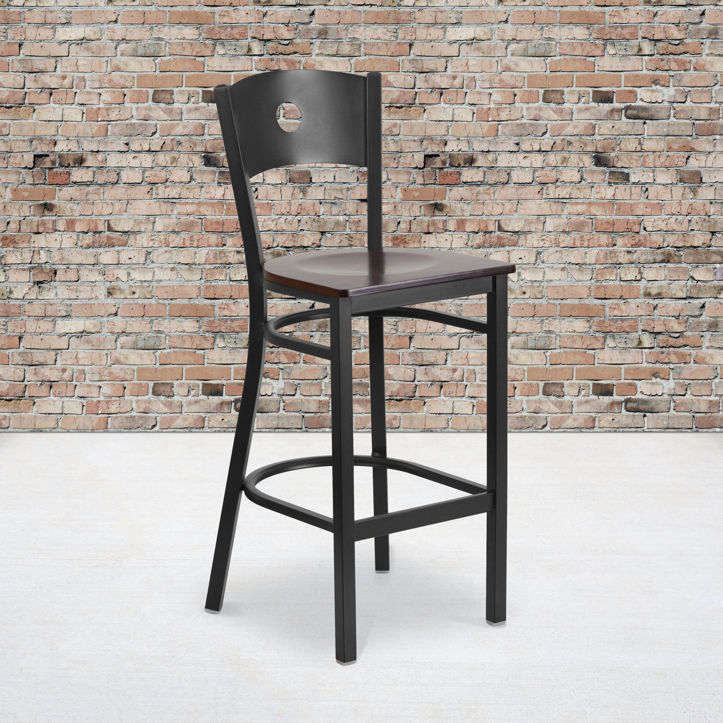 Black Circle Back Metal Restaurant Barstool - Wood Seat