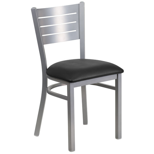 Silver Slat Back Metal Restaurant Chair - Vinyl Seat