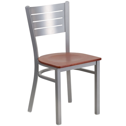 Silver Slat Back Metal Restaurant Chair - Wood Seat