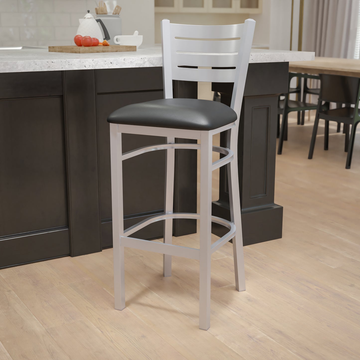 Silver Slat Back Metal Restaurant Barstool - Vinyl Seat