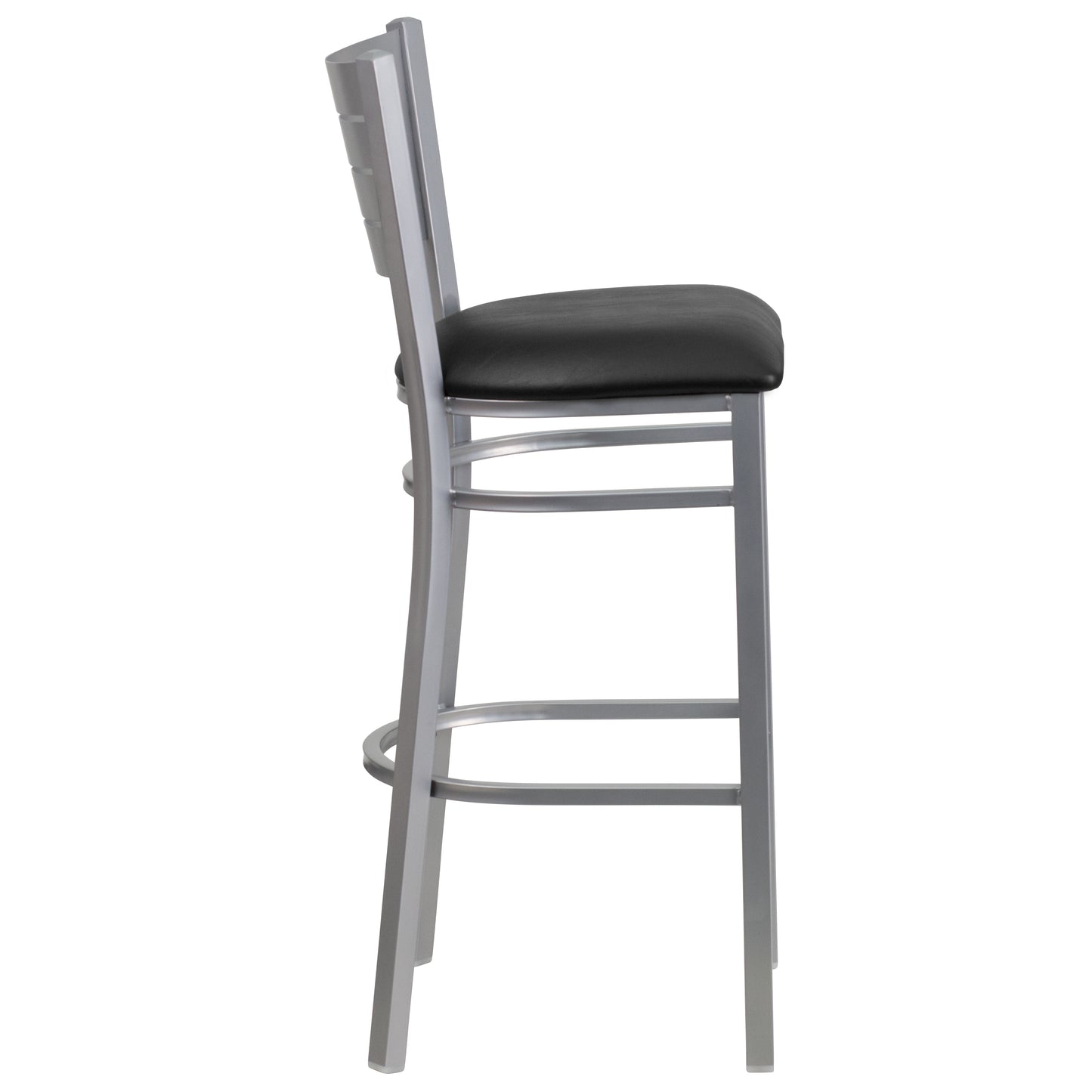 Silver Slat Back Metal Restaurant Barstool - Vinyl Seat