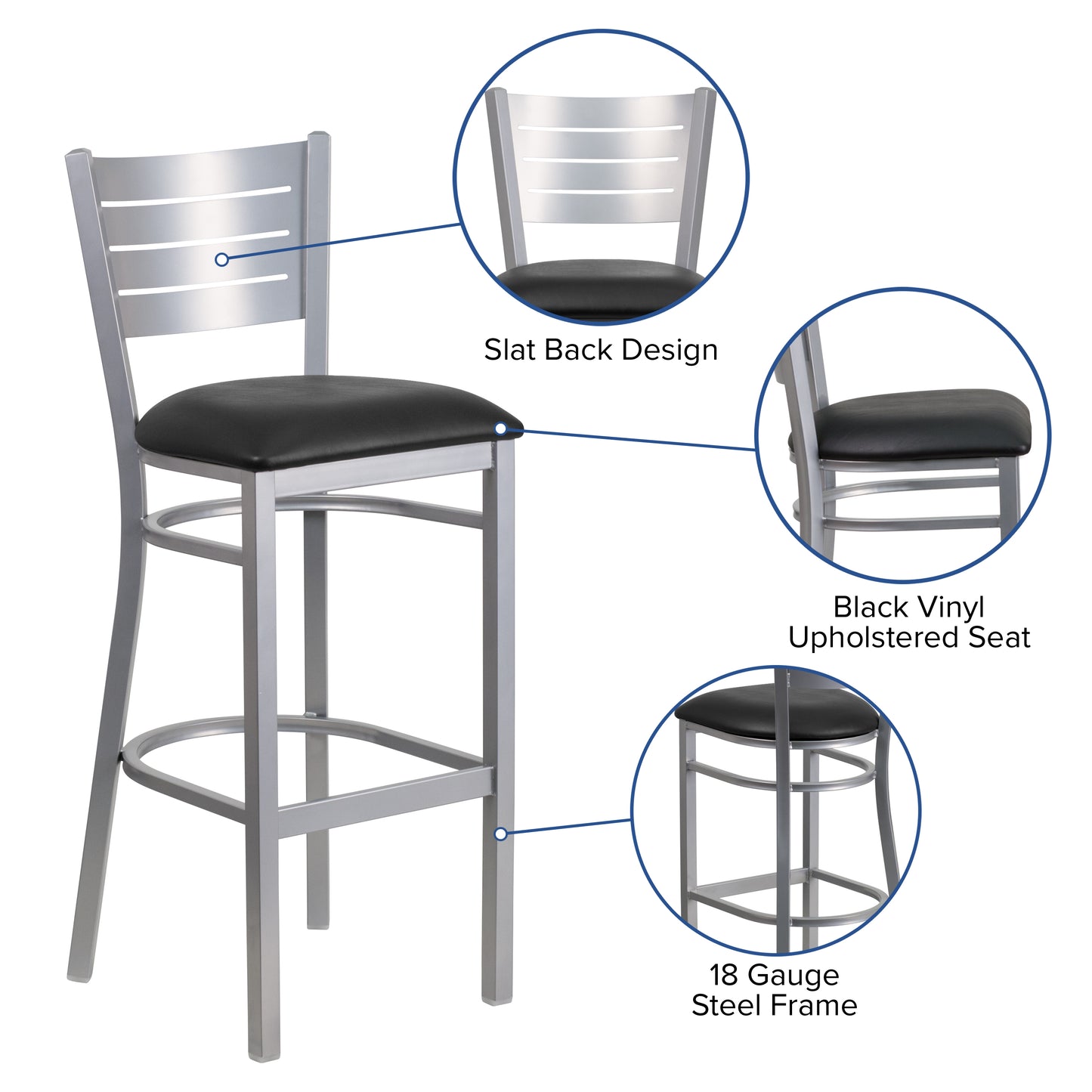 Silver Slat Back Metal Restaurant Barstool - Vinyl Seat