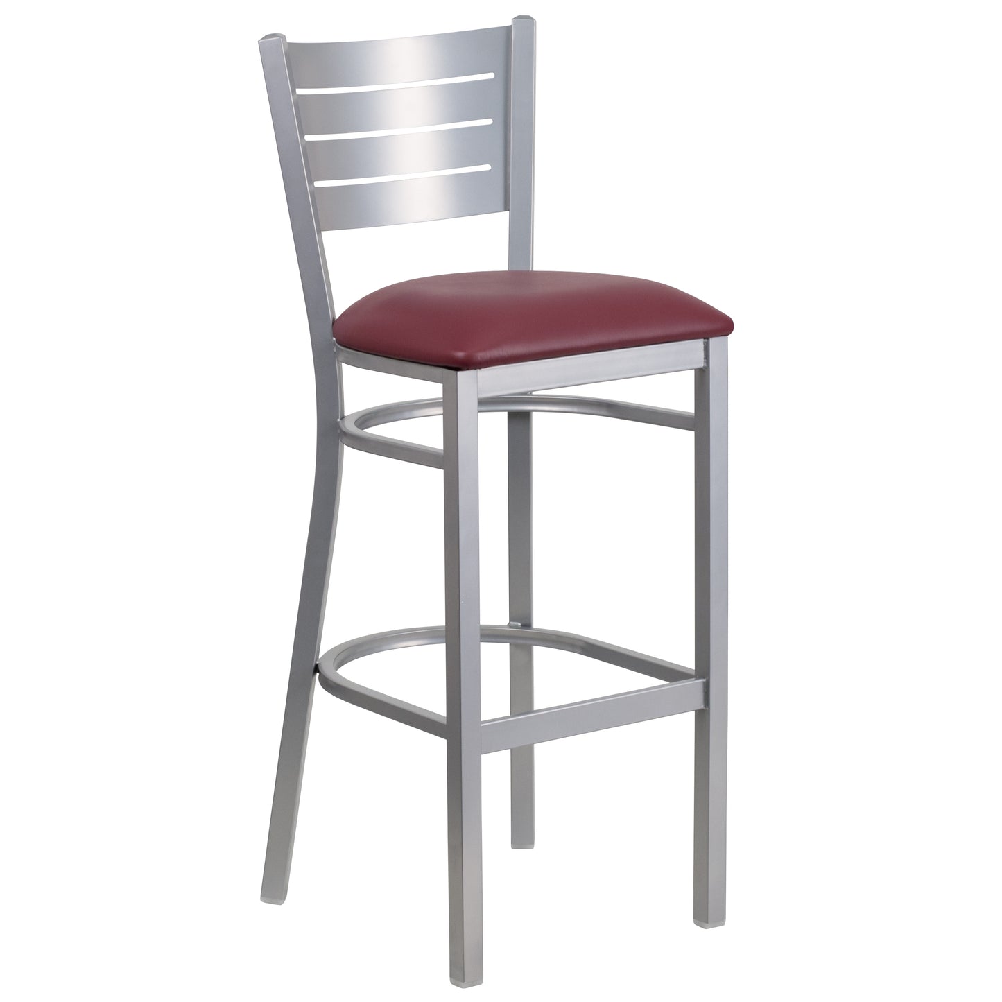 Silver Slat Back Metal Restaurant Barstool - Vinyl Seat