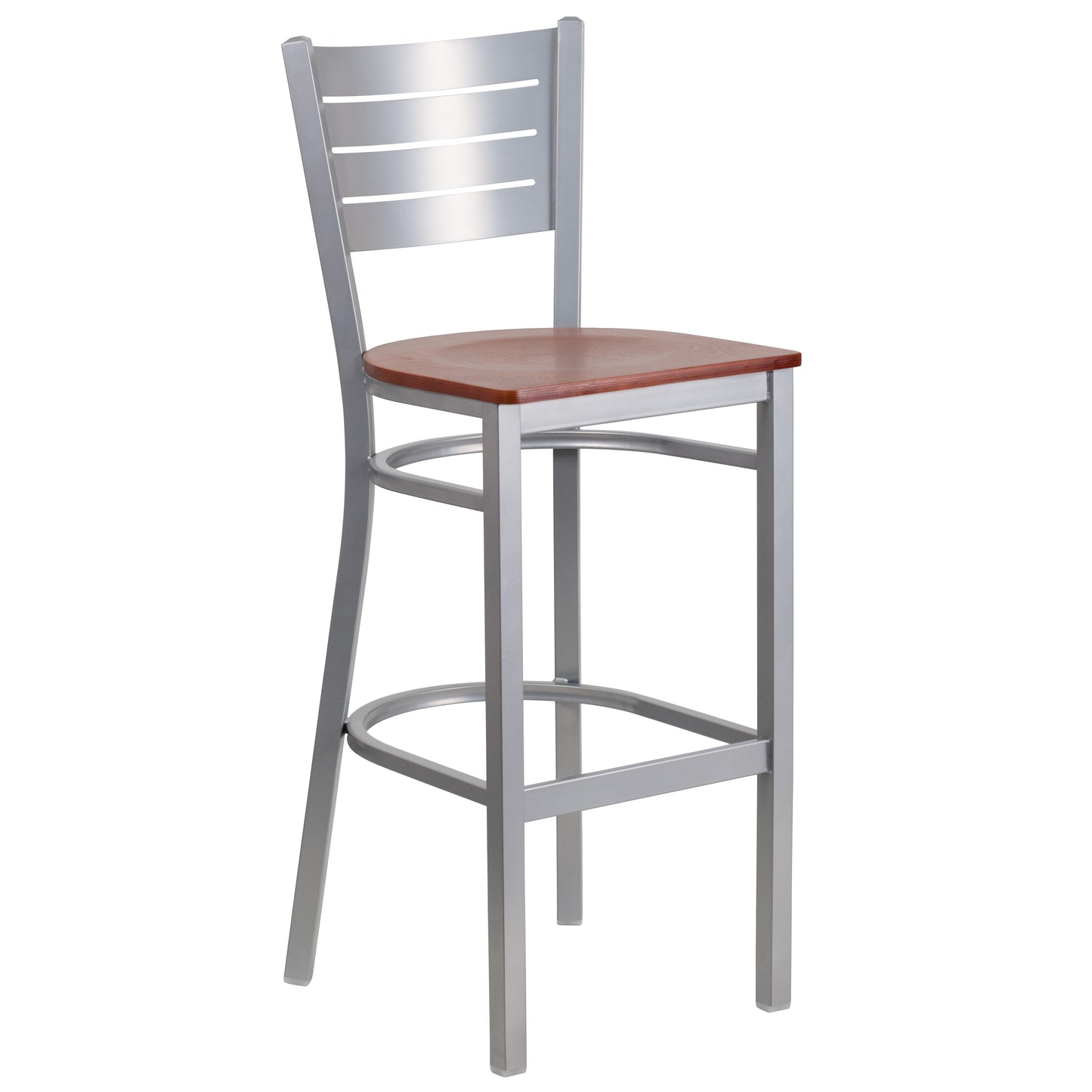 Silver Slat Back Metal Restaurant Barstool - Wood Seat