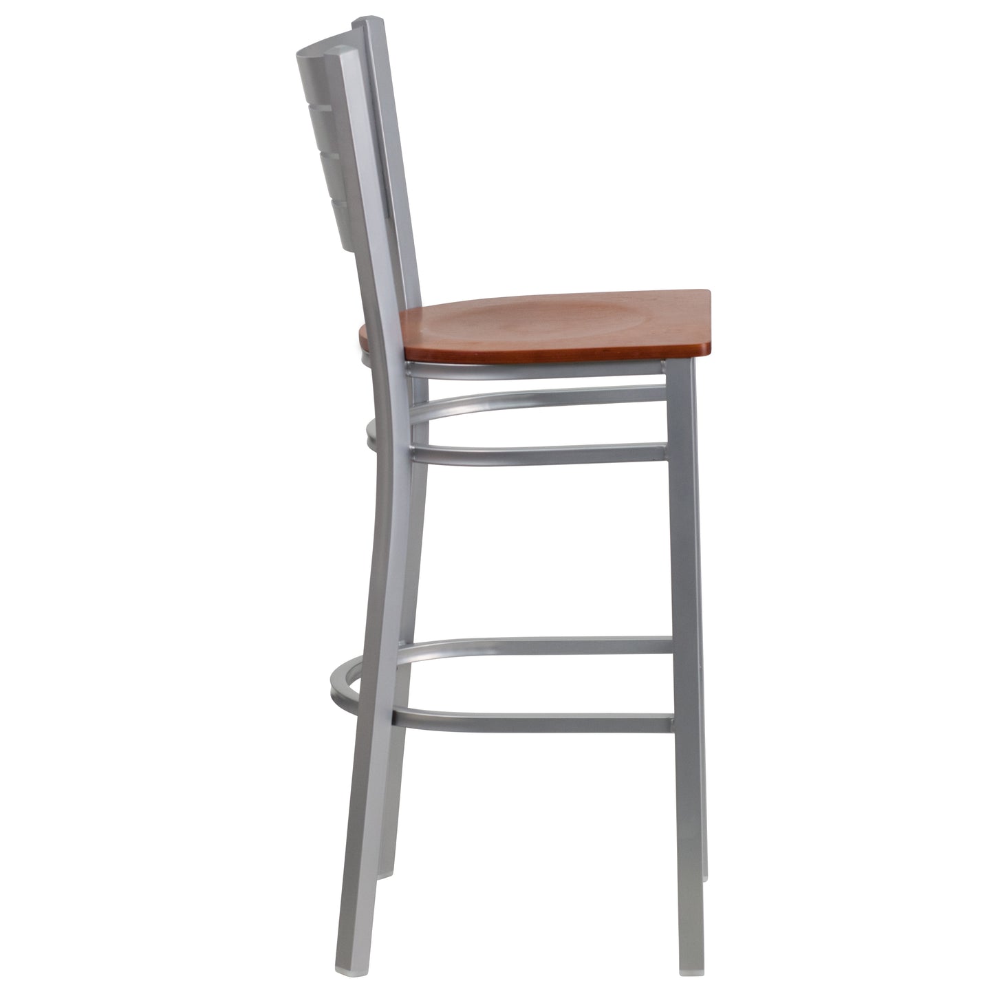 Silver Slat Back Metal Restaurant Barstool - Wood Seat