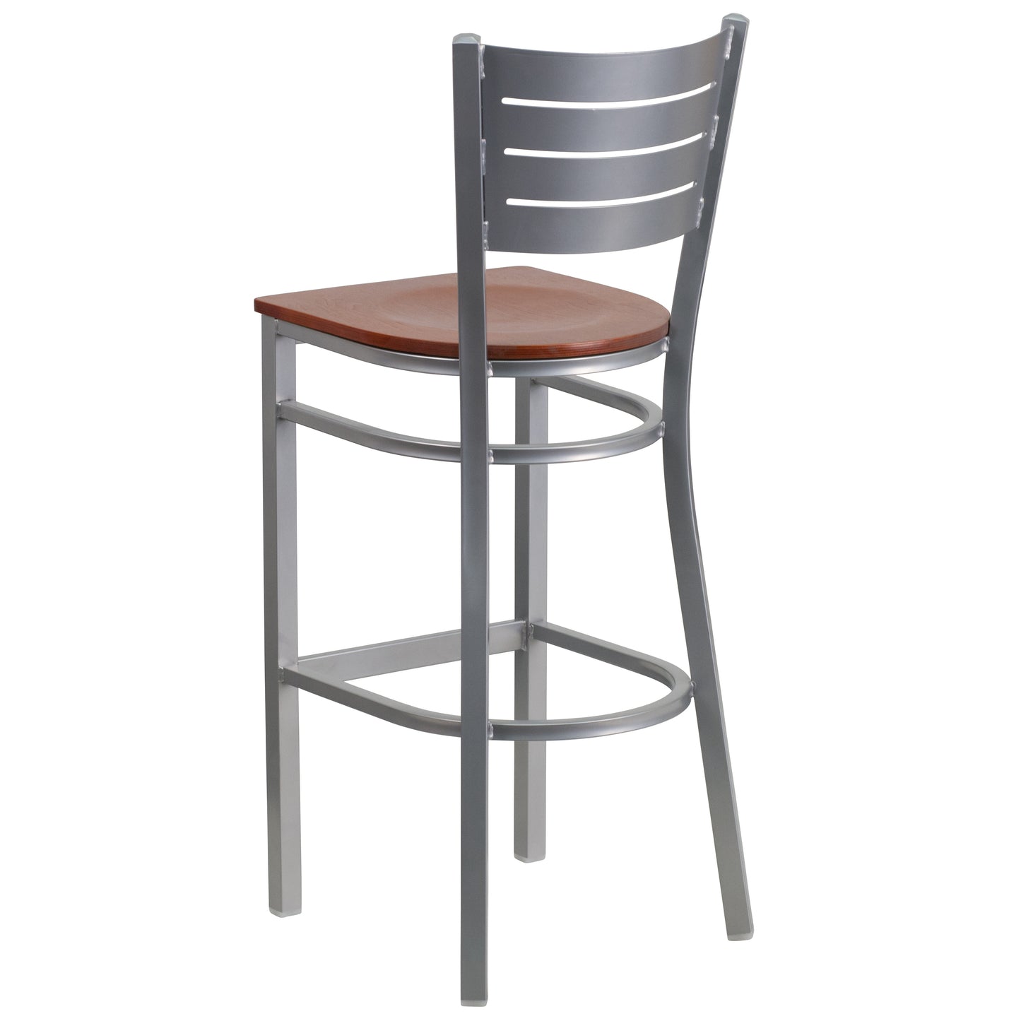 Silver Slat Back Metal Restaurant Barstool - Wood Seat