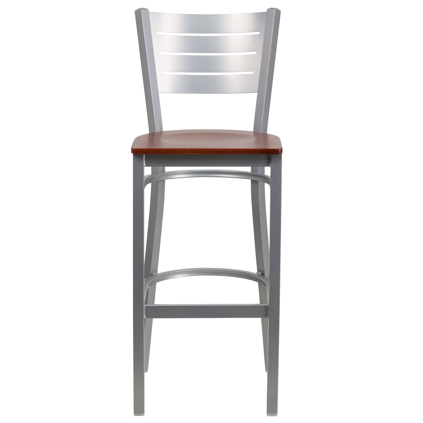 Silver Slat Back Metal Restaurant Barstool - Wood Seat