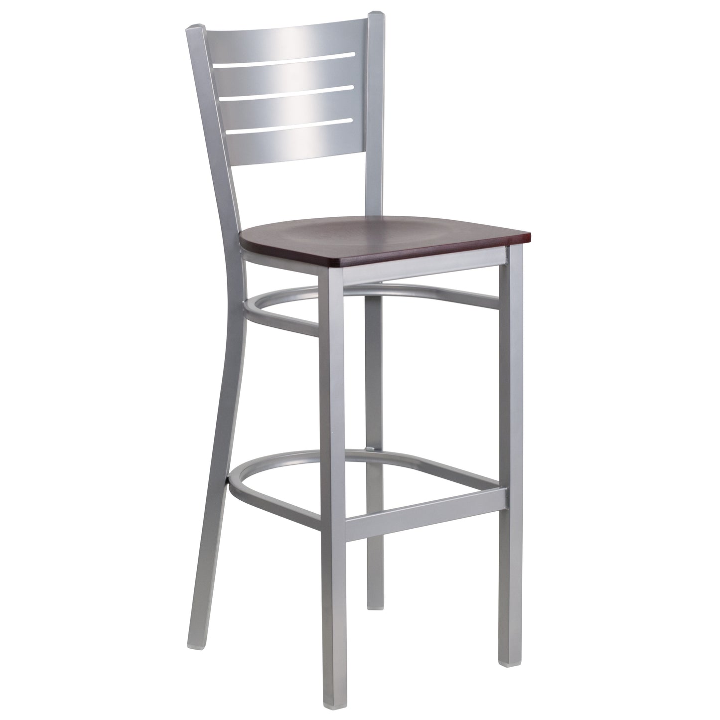 Silver Slat Back Metal Restaurant Barstool - Wood Seat