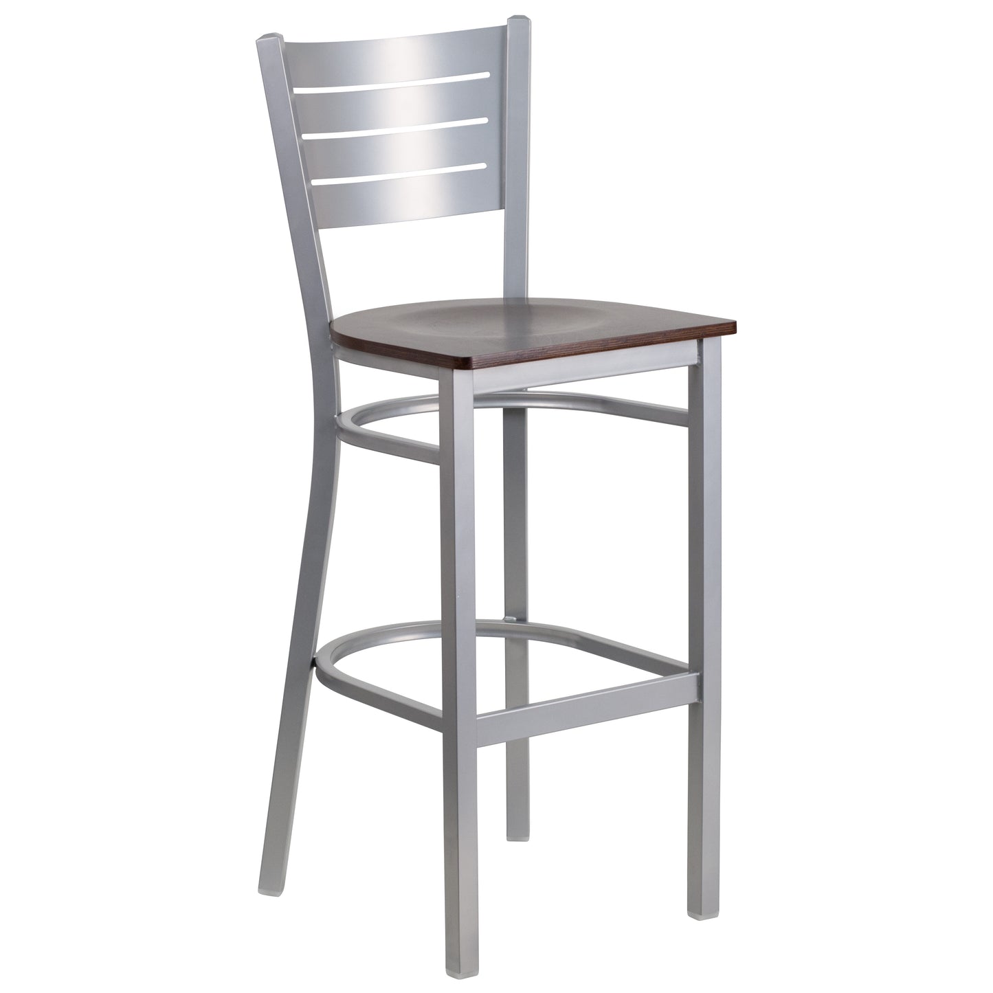 Silver Slat Back Metal Restaurant Barstool - Wood Seat