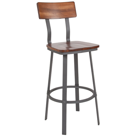 Rustic Walnut and Metal Restaurant Barstool