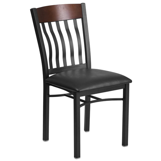 Vertical Back Black Metal and Wood Restaurant Chair with Black Vinyl Seat