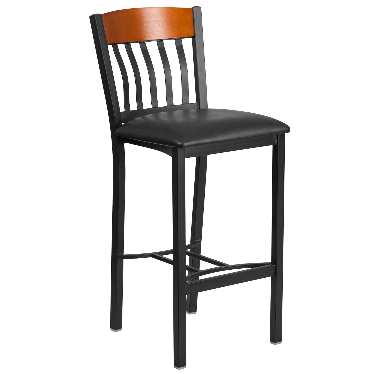 Vertical Back Black Metal and Wood Restaurant Barstool with Black Vinyl Seat