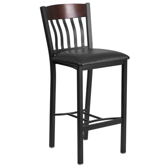 Vertical Back Black Metal and Wood Restaurant Barstool with Black Vinyl Seat