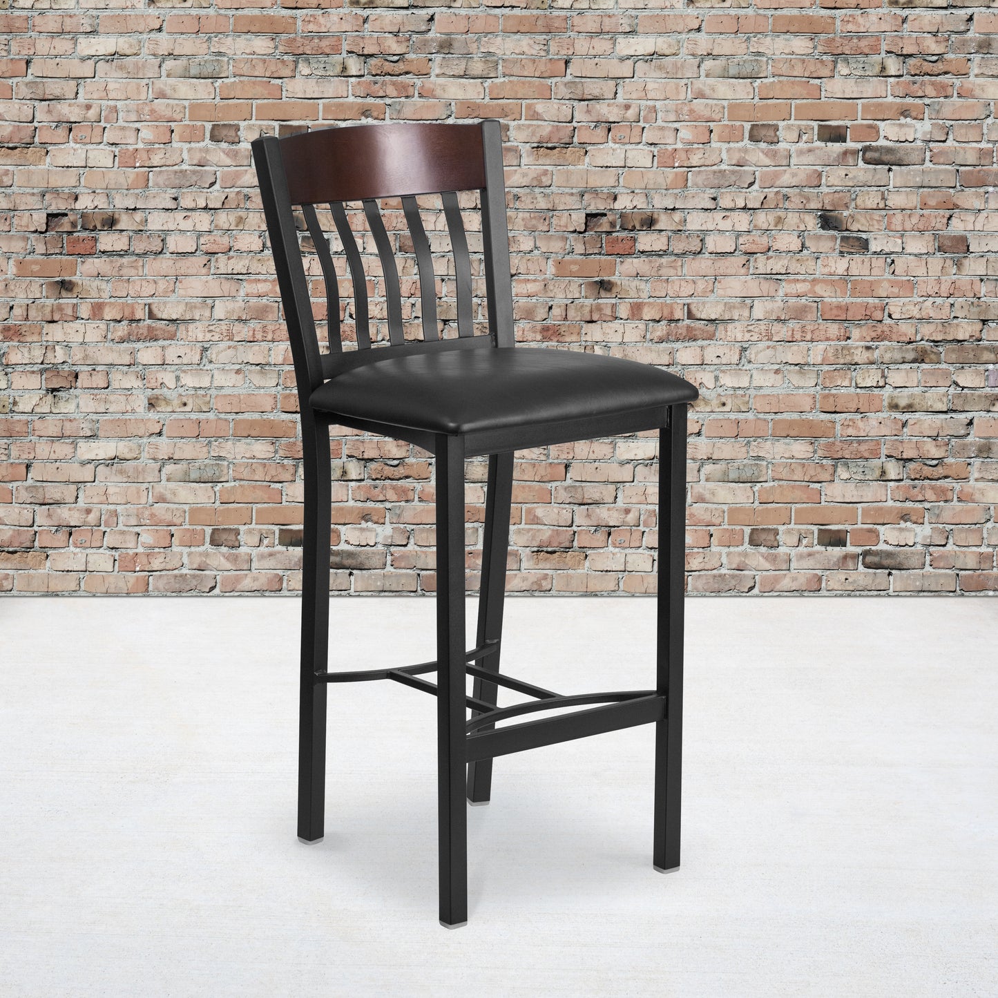 Vertical Back Black Metal and Wood Restaurant Barstool with Black Vinyl Seat