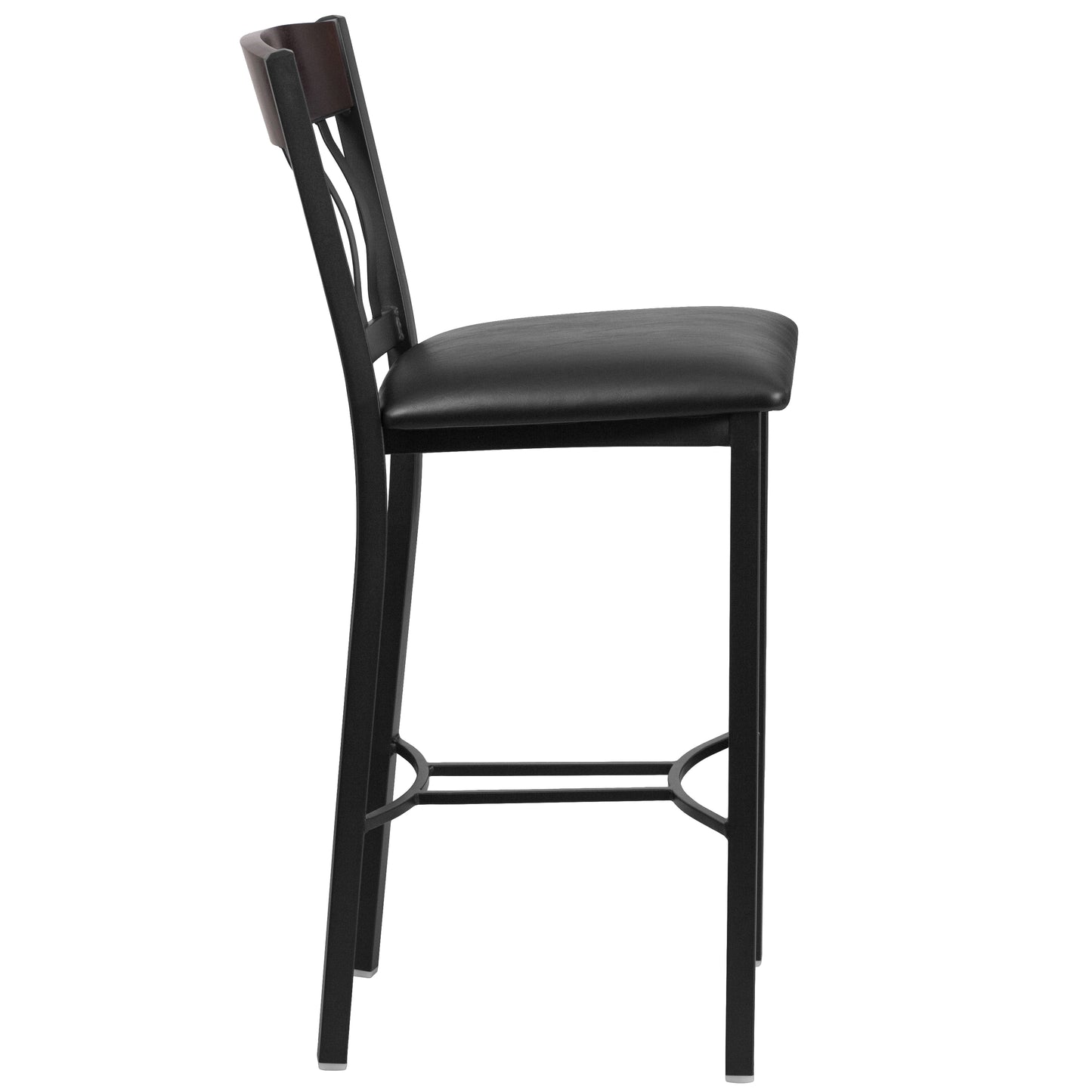 Vertical Back Black Metal and Wood Restaurant Barstool with Black Vinyl Seat