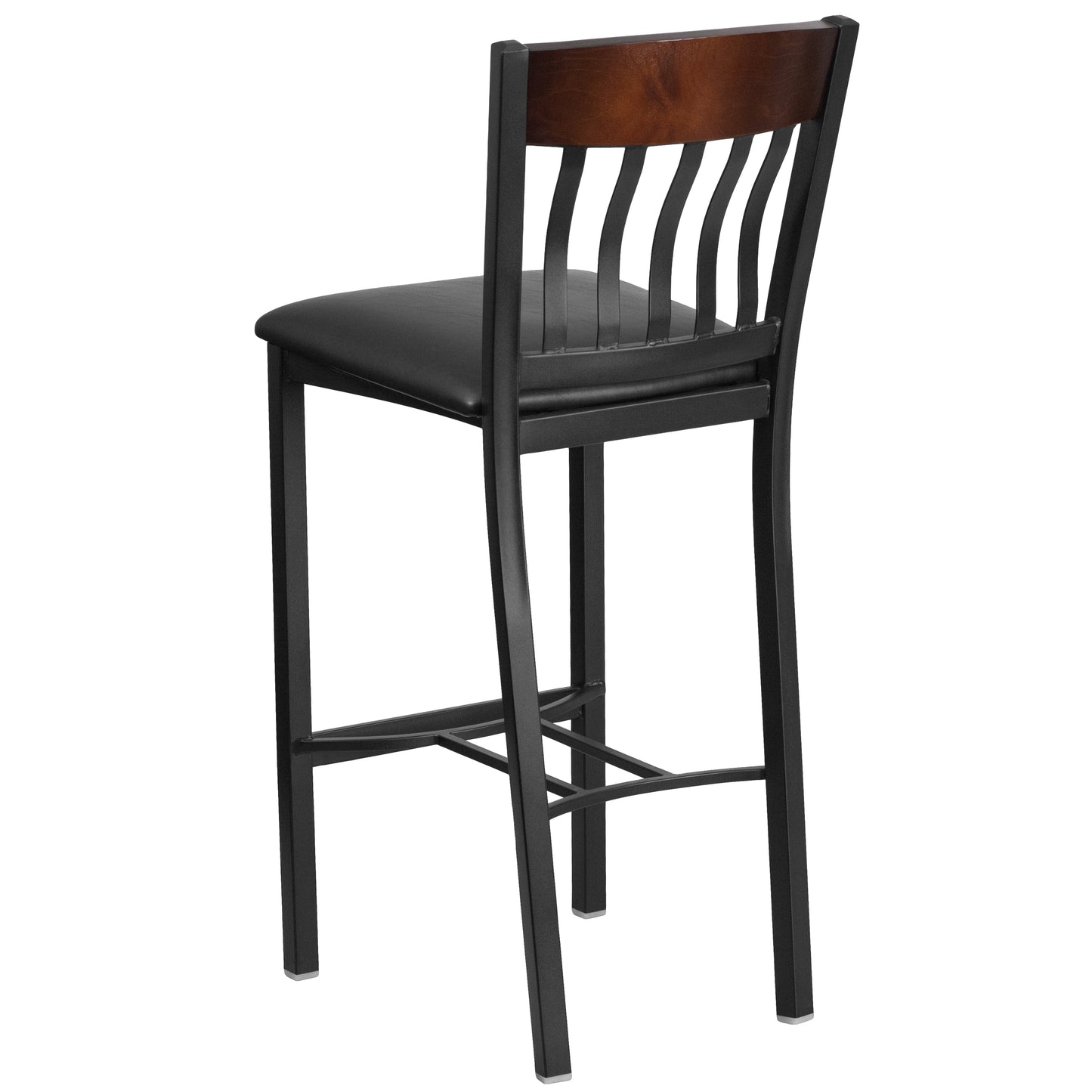 Vertical Back Black Metal and Wood Restaurant Barstool with Black Vinyl Seat