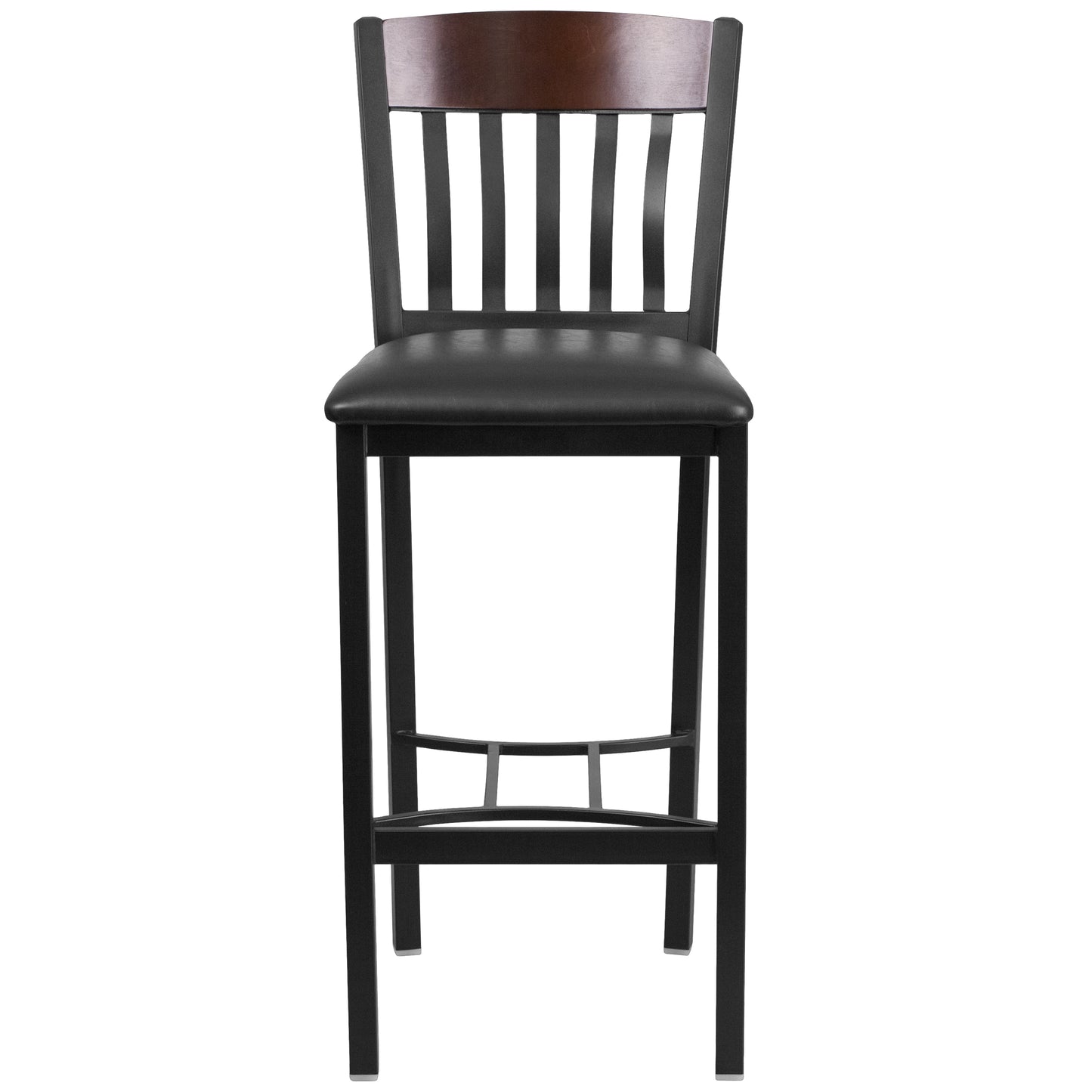 Vertical Back Black Metal and Wood Restaurant Barstool with Black Vinyl Seat