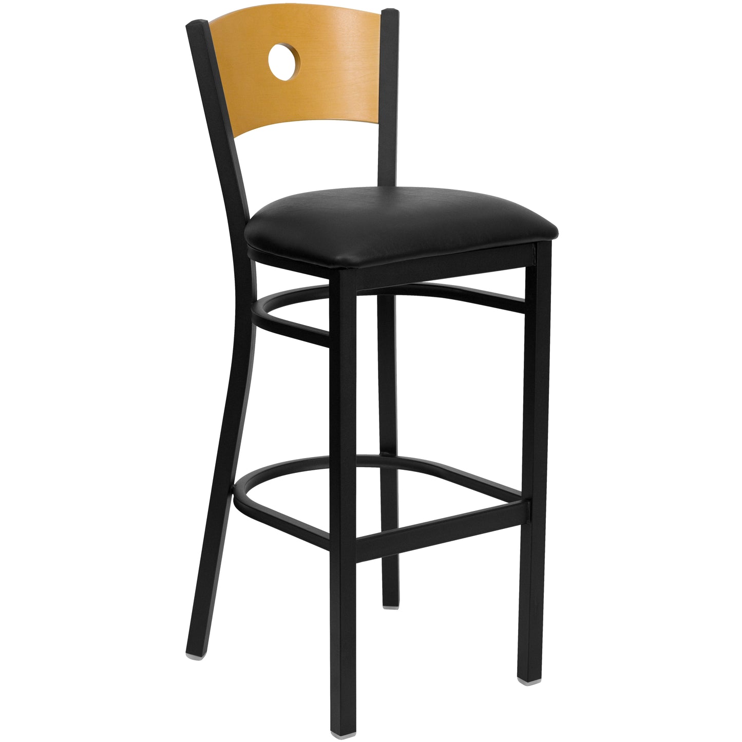 Circle Back Metal Restaurant Barstool- Natural Wood Back with Vinyl Seat