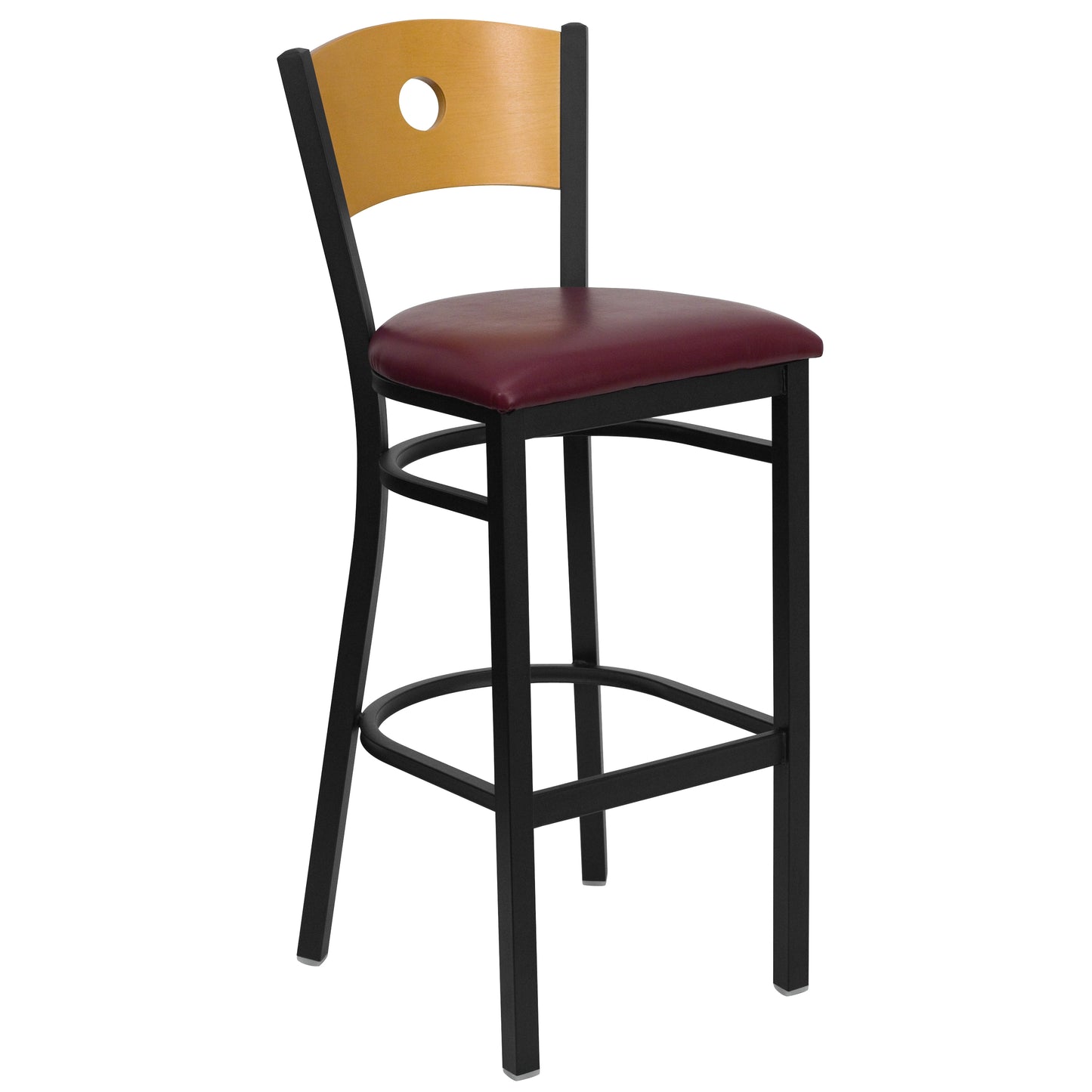 Circle Back Metal Restaurant Barstool- Natural Wood Back with Vinyl Seat