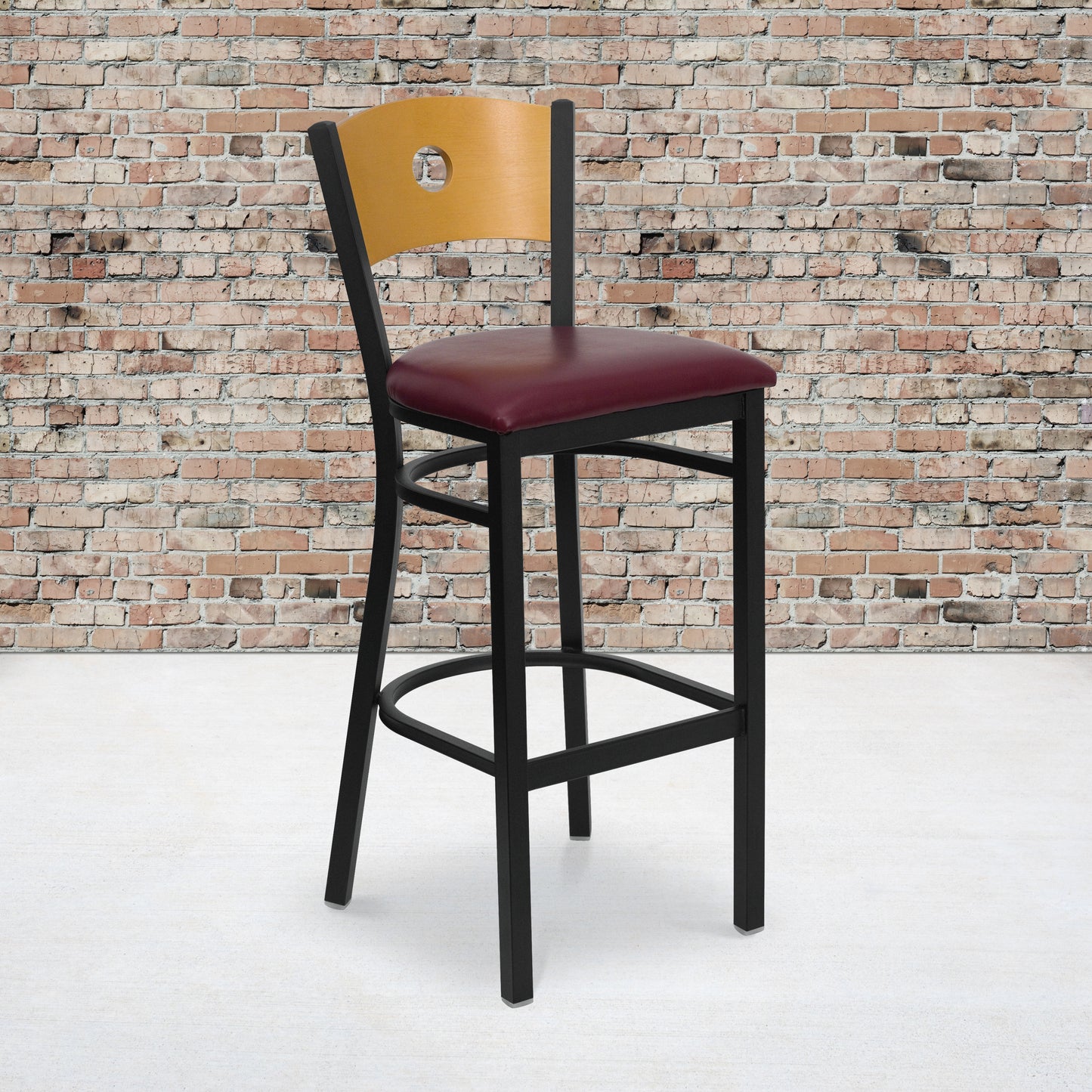 Circle Back Metal Restaurant Barstool- Natural Wood Back with Vinyl Seat