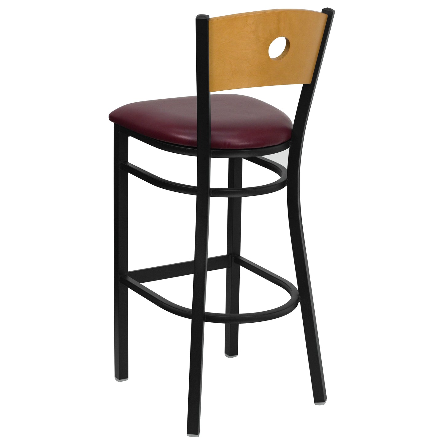 Circle Back Metal Restaurant Barstool- Natural Wood Back with Vinyl Seat