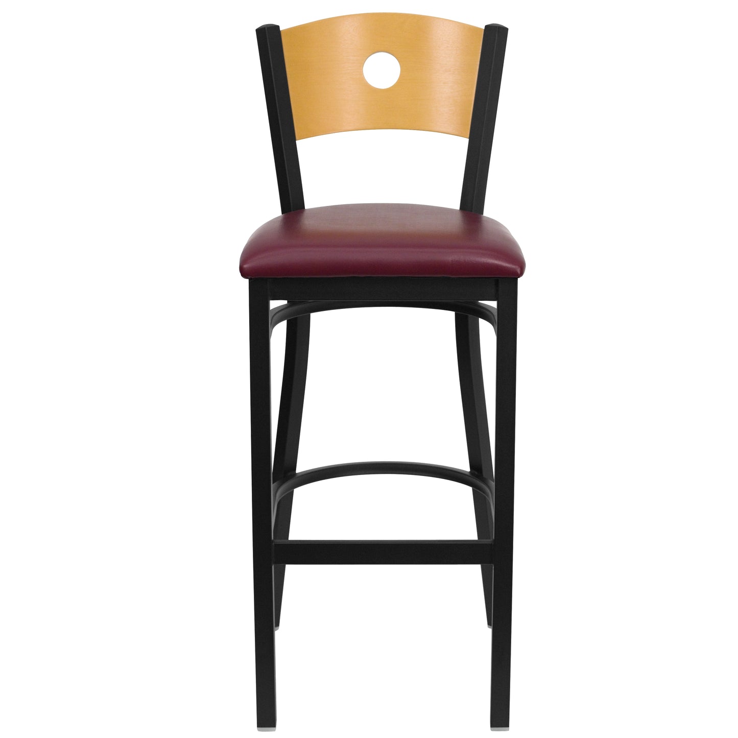 Circle Back Metal Restaurant Barstool- Natural Wood Back with Vinyl Seat