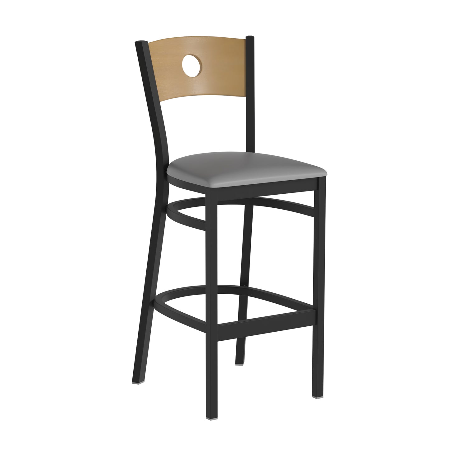 Circle Back Metal Restaurant Barstool- Natural Wood Back with Vinyl Seat