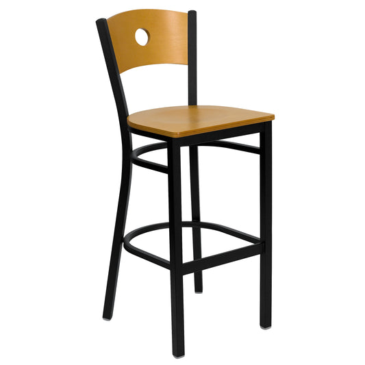 Circle Back Metal Restaurant Barstool - Natural Wood Back & Seat