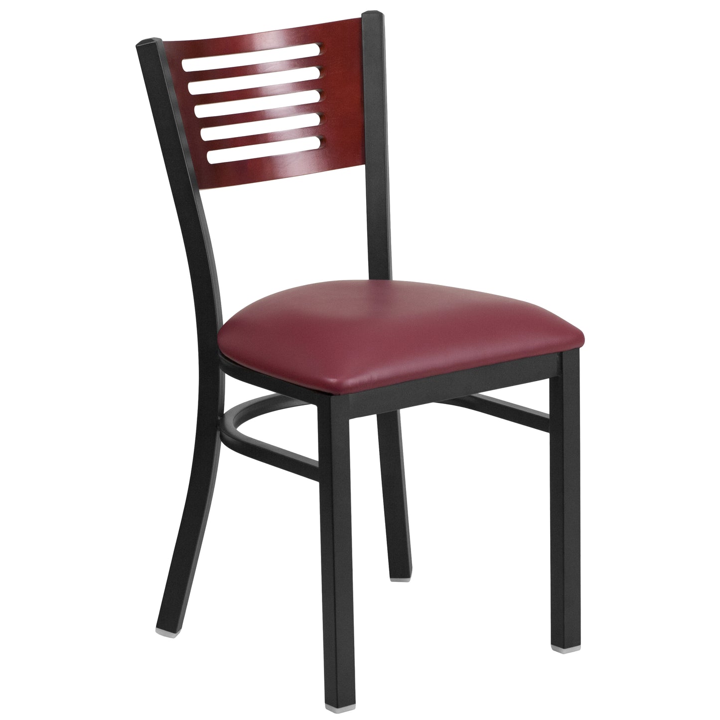 Slat Back Metal Restaurant Chair - Mahogany Wood Back, Vinyl Seat