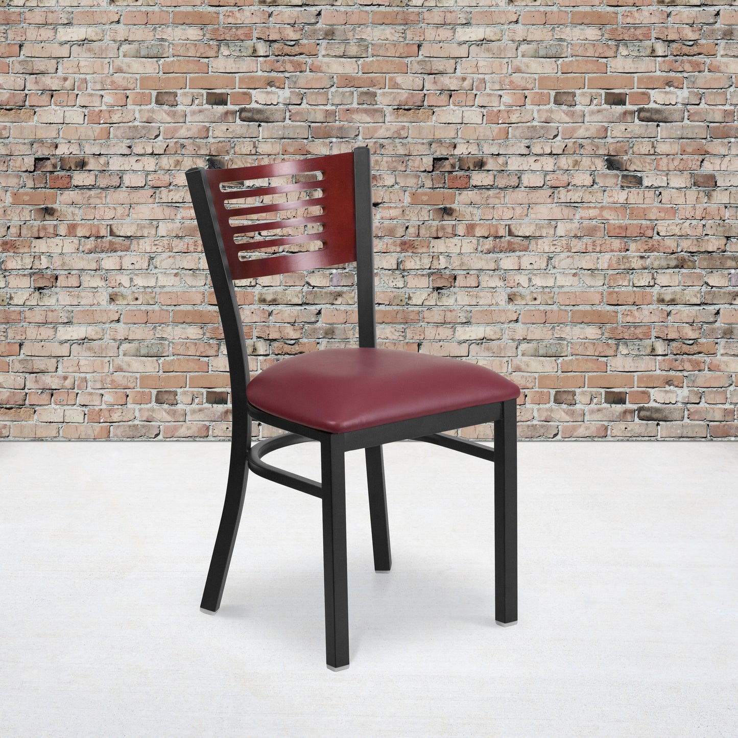 Slat Back Metal Restaurant Chair - Mahogany Wood Back, Vinyl Seat